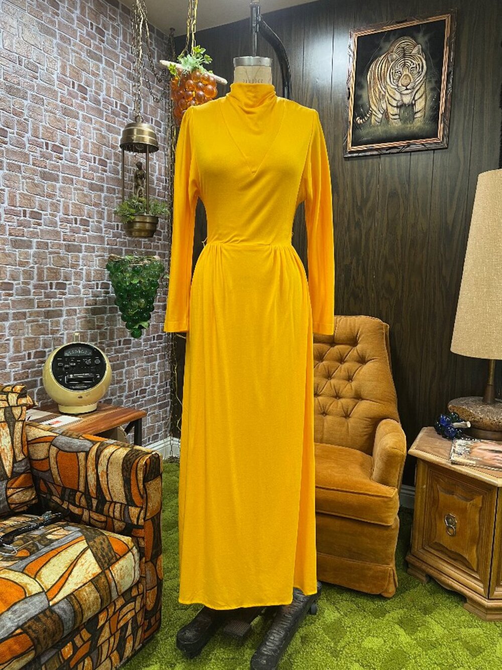Vintage 70s Yellow High Neck Lightweight Stretch Long Sleeve Maxi Dress Medium